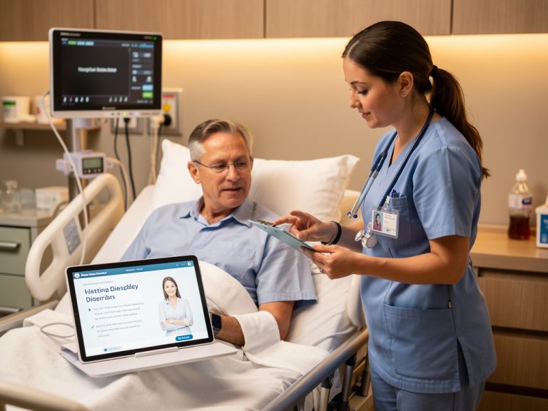 Enfermeira explicando instruções de alta hospitalar automatizada para paciente em ambiente hospitalar moderno com tablet digital