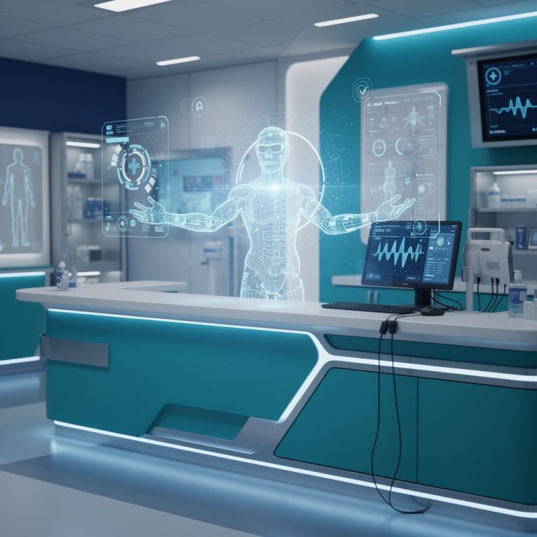 Estação de enfermagem futurista com interface de assistente de IA holográfico e telas de monitoramento de saúde digital