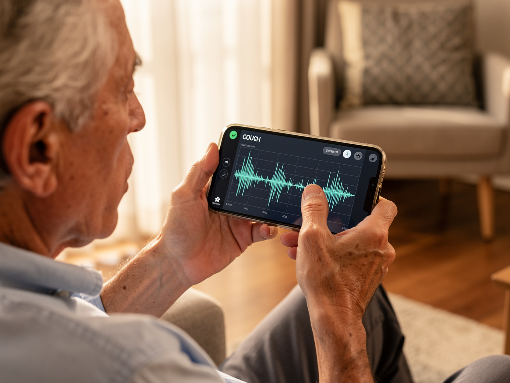 Paciente idoso usando smartphone para gravar tosse em aplicativo de saúde respiratória com análise de ondas sonoras