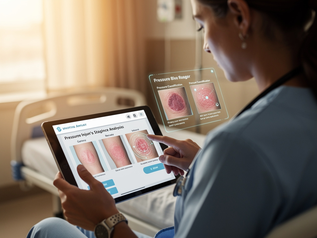 Enfermeira utilizando tablet com aplicativo de IA para avaliação de feridas e lesões por pressão