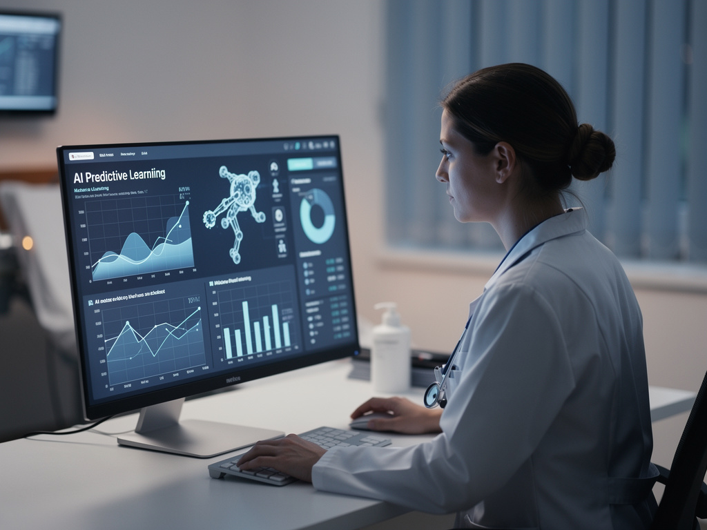 Profissional de saúde analisando dashboard de analytics preditivo com machine learning em ambiente hospitalar