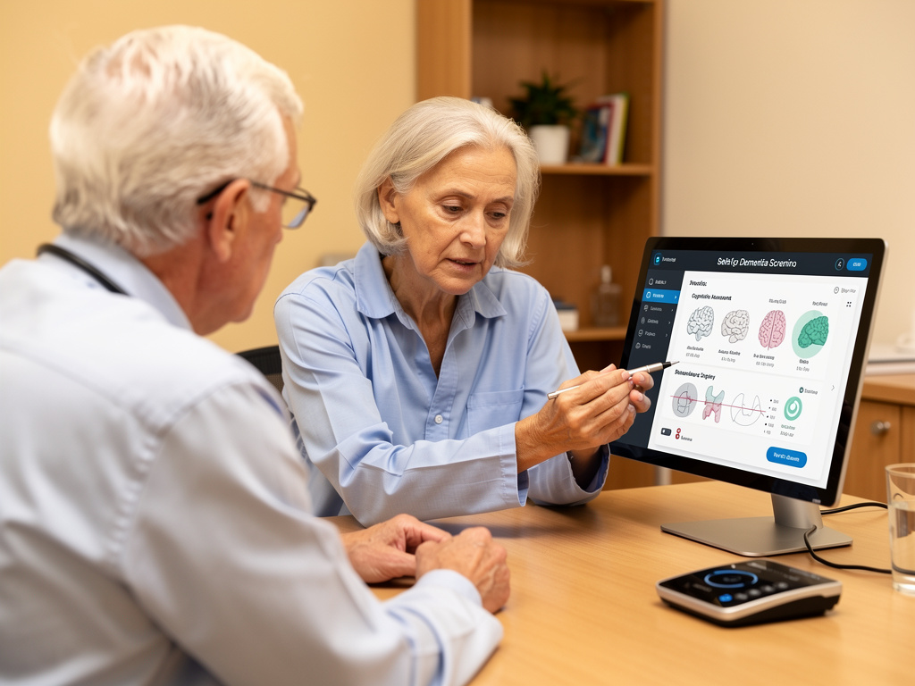Profissional de saúde realizando avaliação cognitiva assistida por IA com paciente idoso em consulta clínica