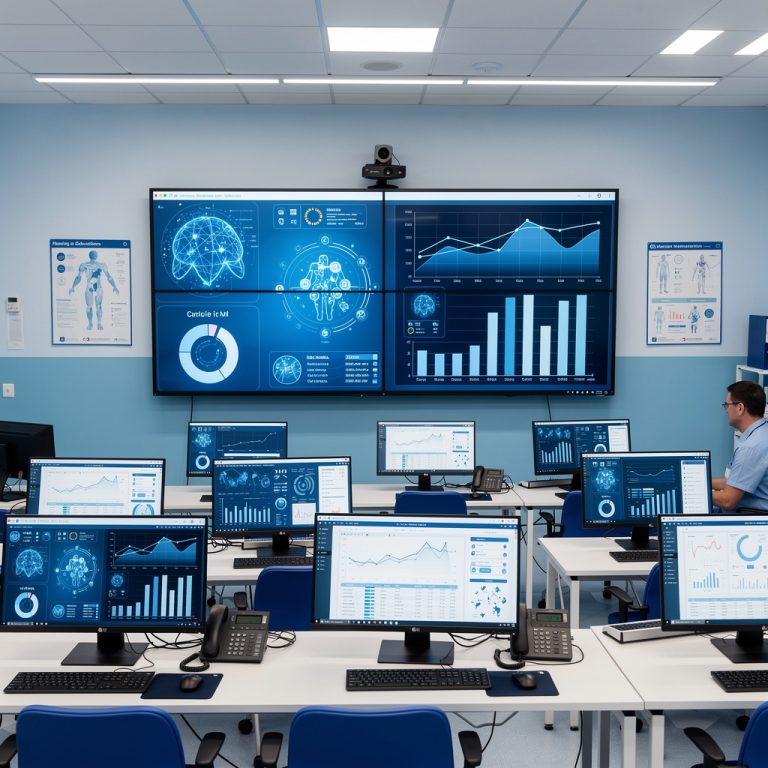 Sala de aula moderna de educação em enfermagem com telas digitais mostrando análises de IA e visualização de dados para treinamento em informática em enfermagem