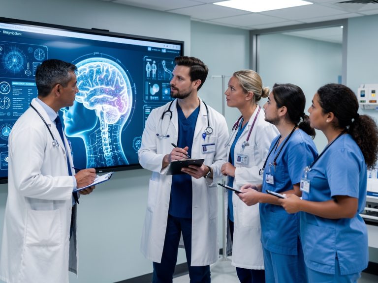 Profissionais de saúde americanos discutindo implementação de inteligência artificial generativa em ambiente hospitalar moderno