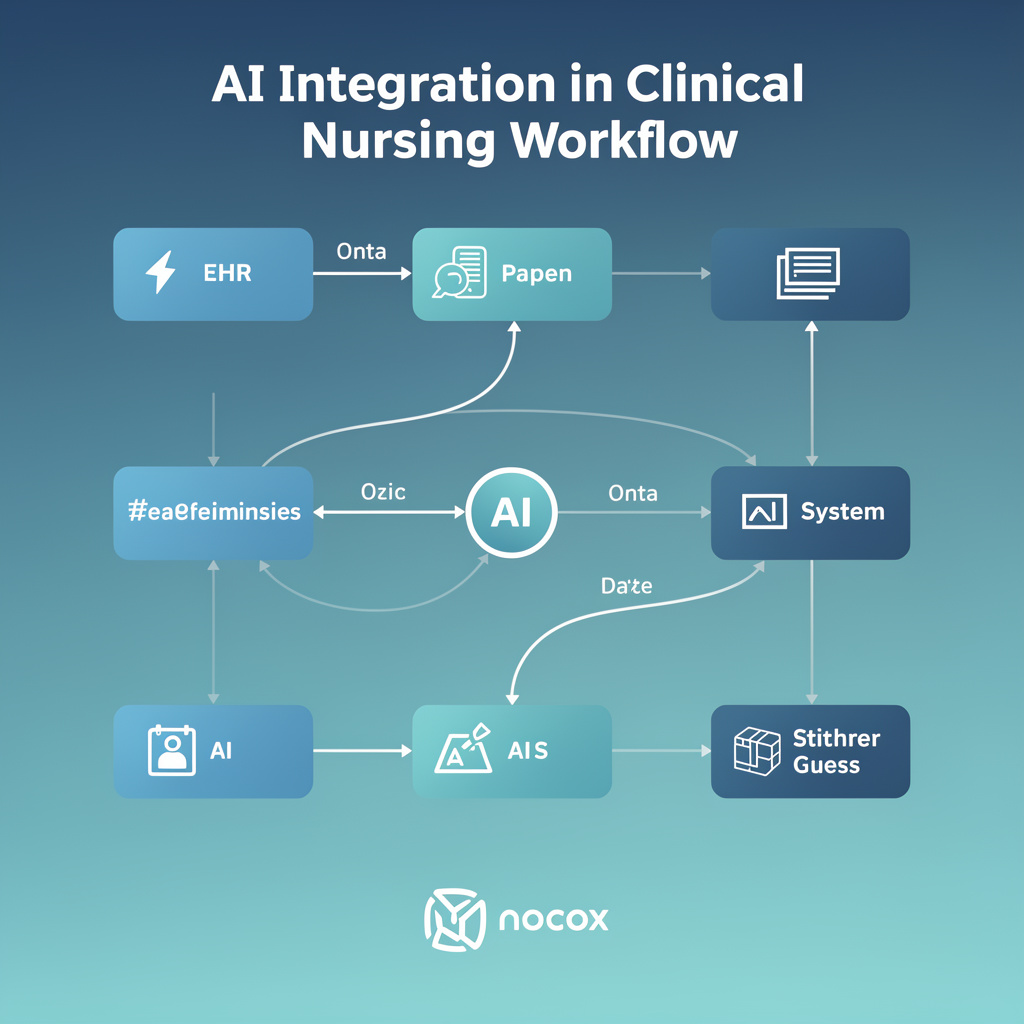 Diagrama de fluxo de trabalho digital mostrando integração de IA em workflow clínico de enfermagem com nós interconectados representando fluxo de dados