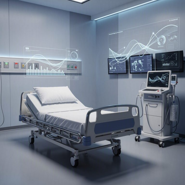 Ilustração de ambiente hospitalar com monitoramento preditivo por inteligência artificial para prevenção de lesões por pressão