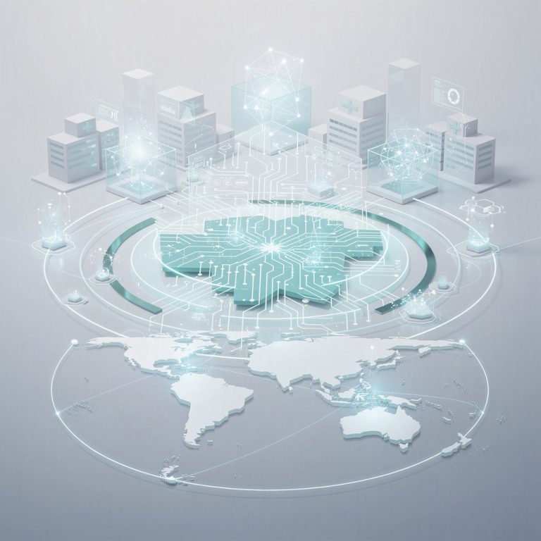 Ilustração abstrata sobre inteligência artificial na saúde, interoperabilidade e governança digital sem pessoas