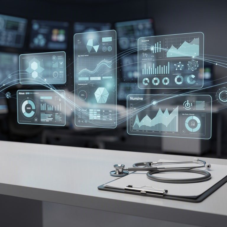 Ilustração conceitual sobre governança de inteligência artificial na enfermagem e na saúde, com interfaces clínicas abstratas e fluxos de dados hospitalares, sem pessoas e sem texto