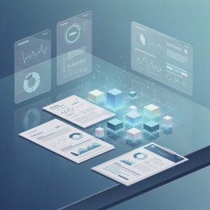 Ilustração abstrata sobre documentação de enfermagem e inteligência artificial na saúde, sem pessoas e sem texto.
