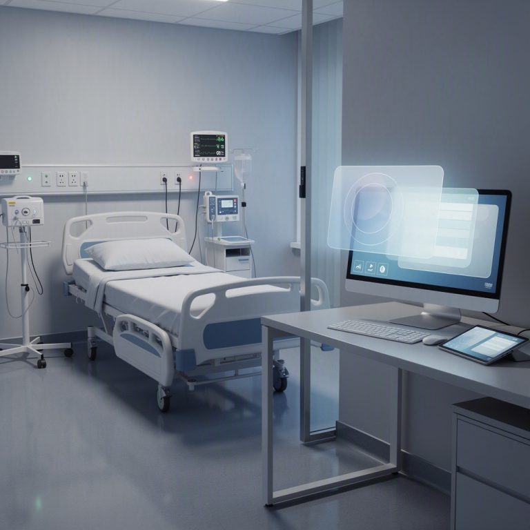 Ilustração de tecnologia de IA ambiente aplicada ao fluxo de documentação de enfermagem em ambiente hospitalar