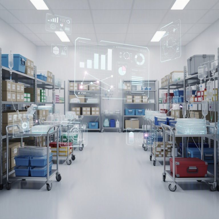 Ilustração de logística hospitalar com apoio de inteligência artificial, sem pessoas.