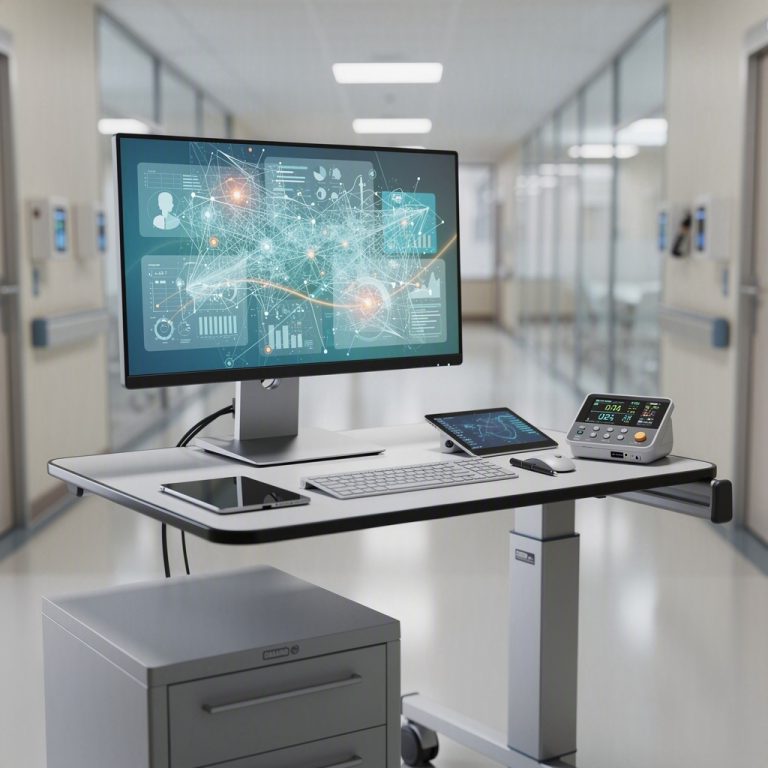 Ilustração sobre governança de inteligência artificial na enfermagem e na saúde, com interface clínica digital em ambiente hospitalar.